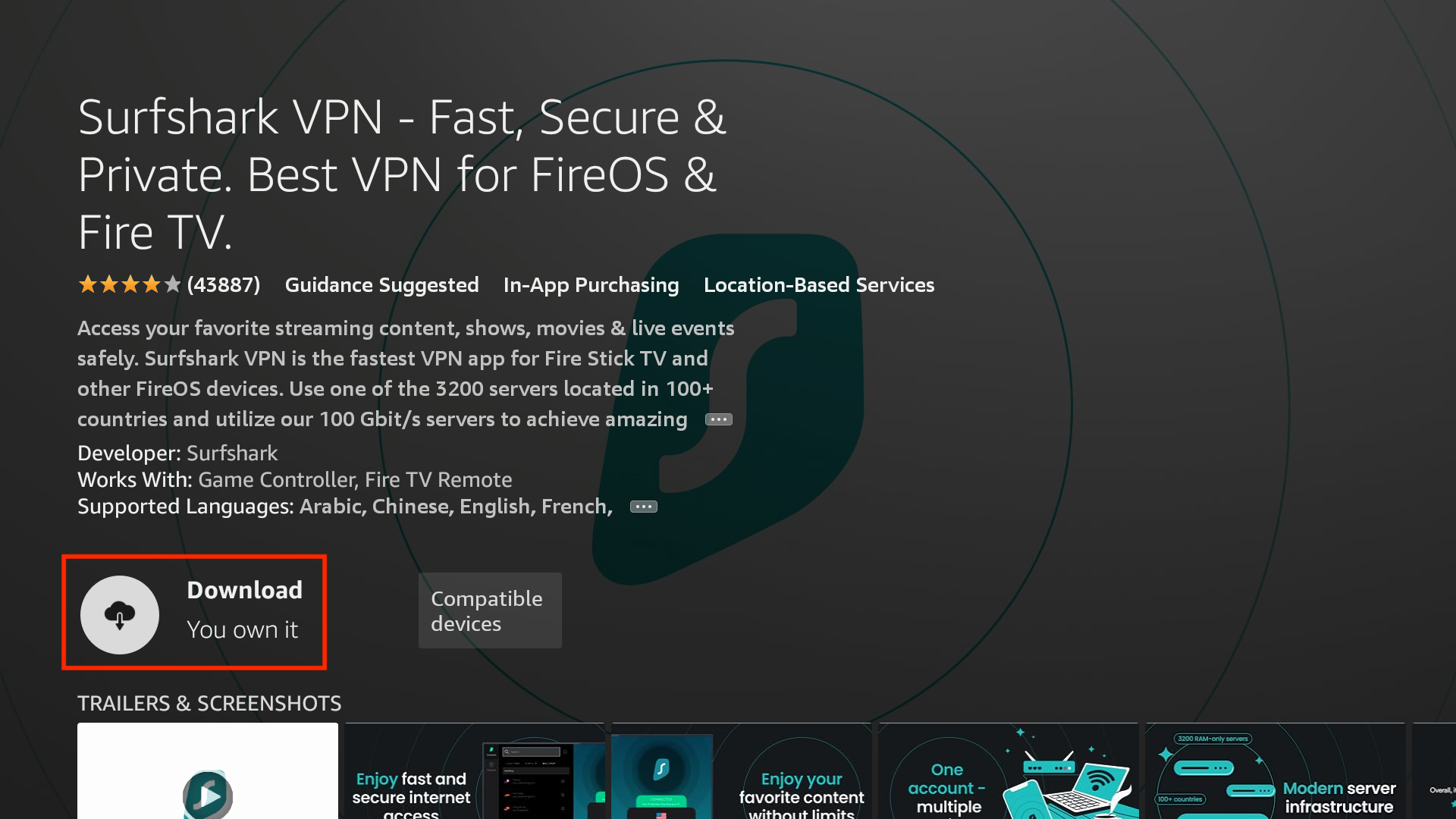 Surfshark VPN app detail page on Fire TV showing description, user rating, supported devices, languages, and a highlighted 