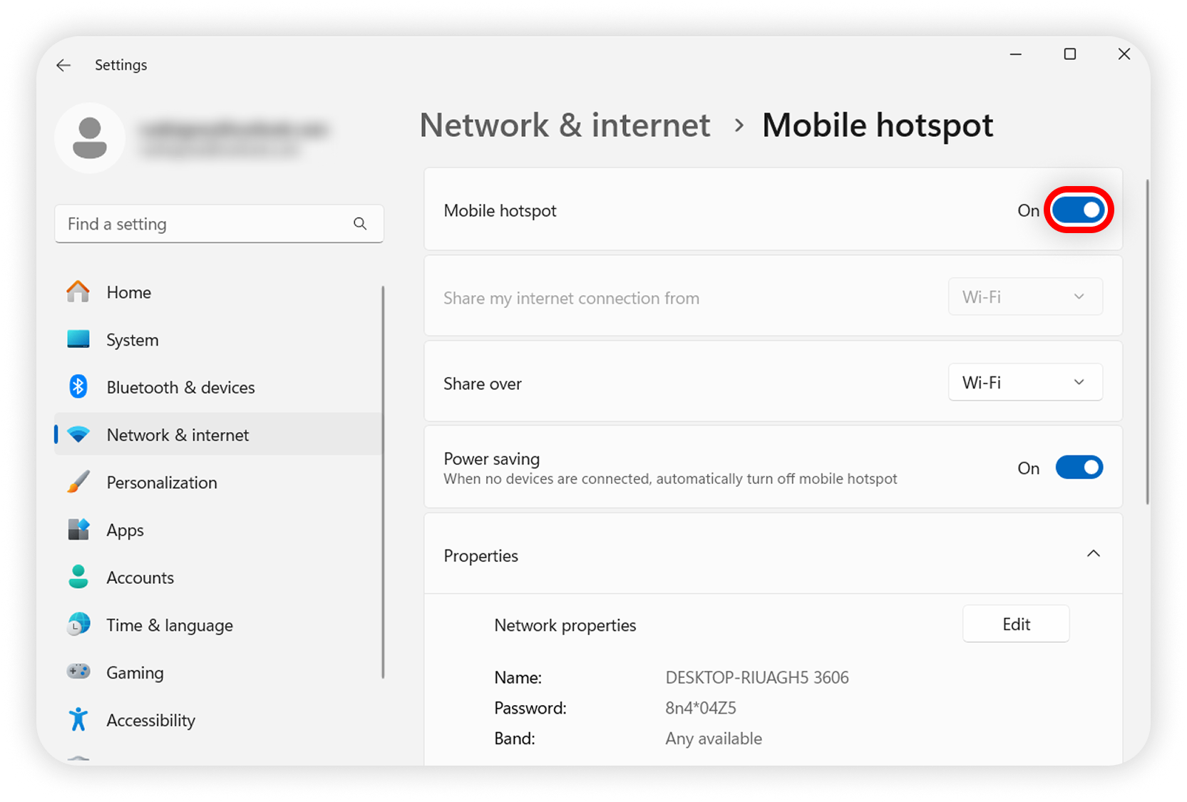 View of Windows mobile hotspot section, mobile hotspot button is highlighted.png
