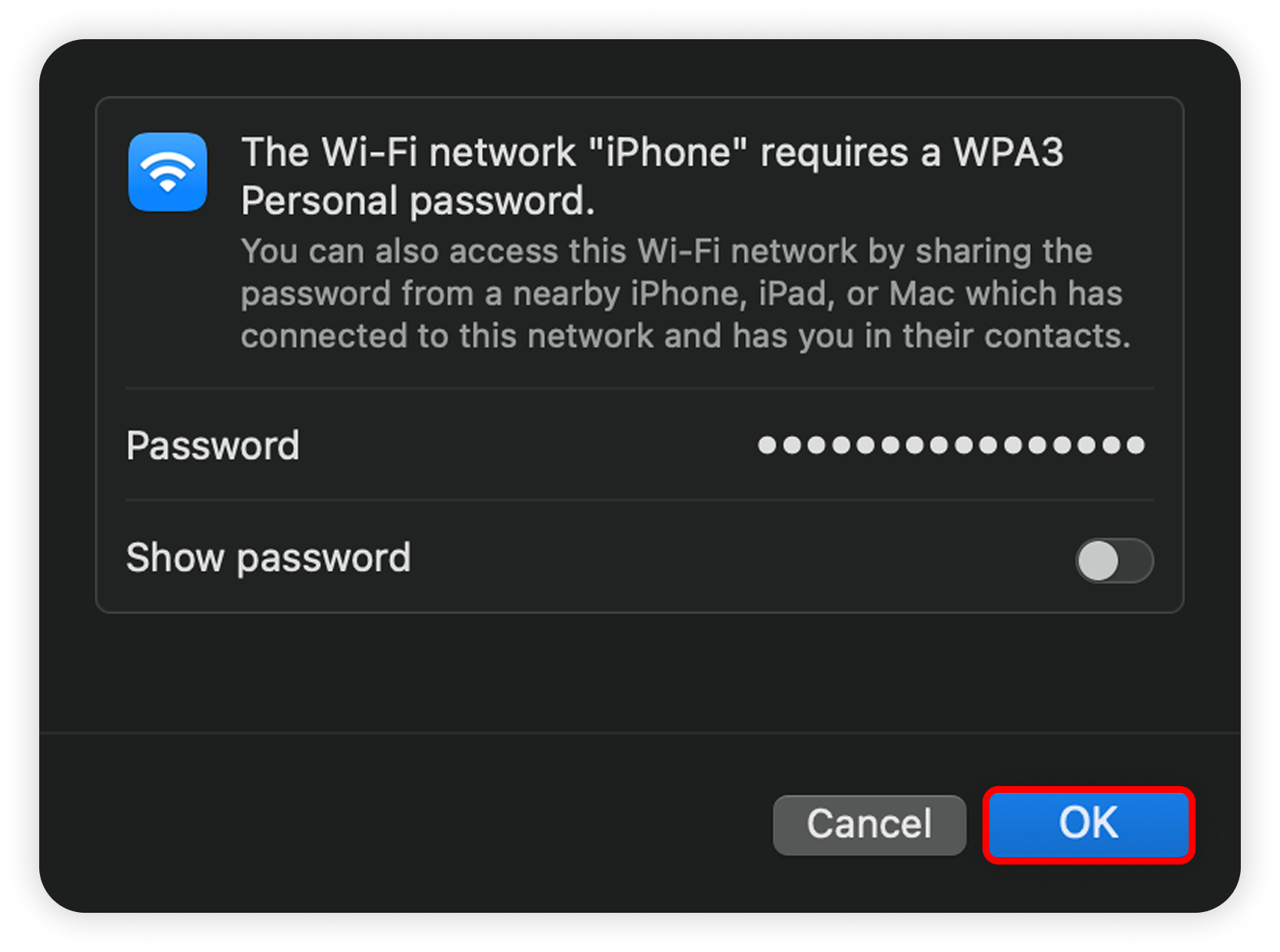 View of macOS hotspot password section, OK button is highlighted.png