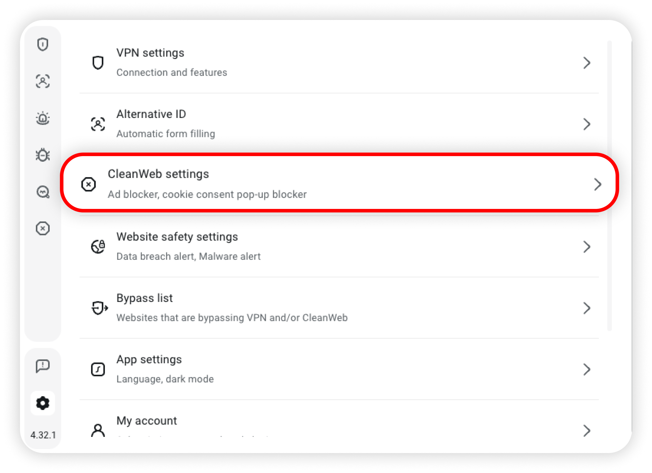 CleanWeb settings button
