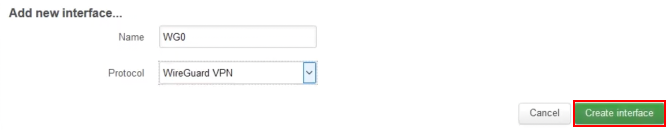 Add new interface dialog in OpenWrt with the WireGuard VPN protocol selected and “Create interface” button highlighted.